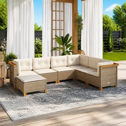 7 Piece Modular Outdoor Sofa Set - PE Rattan, Beige Cushions