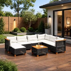 8-Piece Modular Garden Sofa Set - Black Rattan