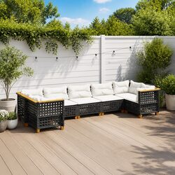 Garden Sofa Set: 7 Pieces, Black PE Rattan, Cushions Included