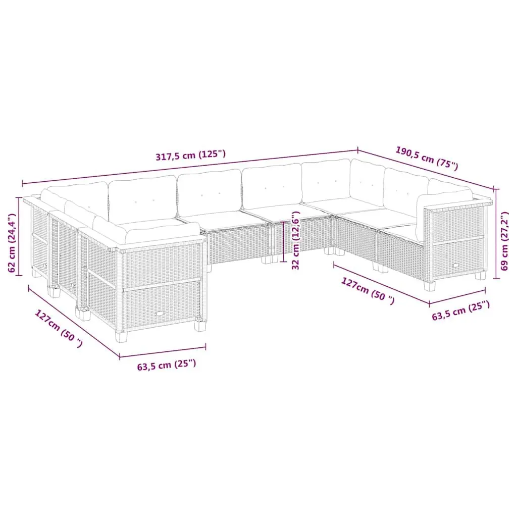 Garden Sofa Set Outdoor Furniture 9 Piece Patio Seating with Cushions Black