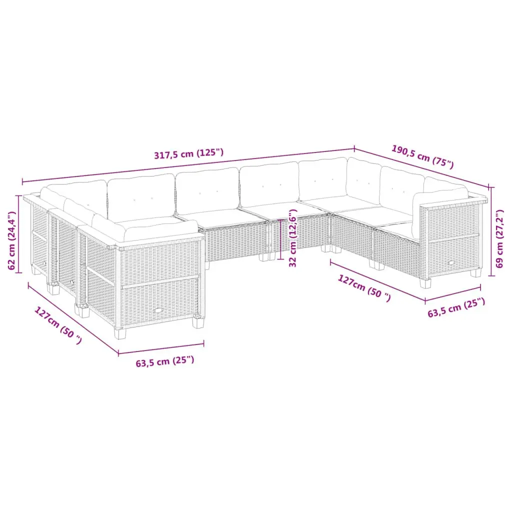 Garden Sofa Set 9 Piece Outdoor Furniture Modular Patio Seating with Cushions