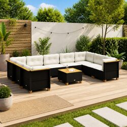 Garden Sofa Set: 10 Pieces in Black Poly Rattan with Cushions