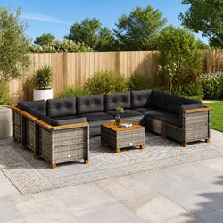 10 Piece Grey Outdoor Sofa Set with PE Rattan Frame