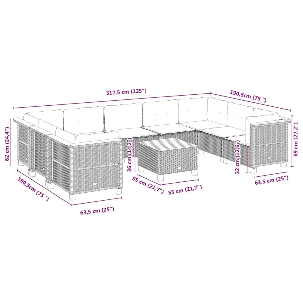 Garden Sofa Set Outdoor Furniture Modular 10 Piece Grey Poly Rattan with Cushions