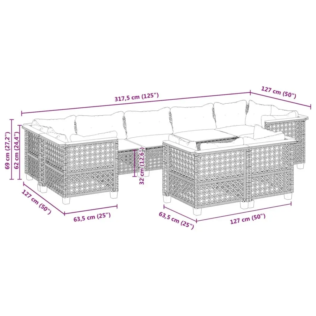 9 Piece Outdoor Garden Sofa Set for Patio with Cushions Black
