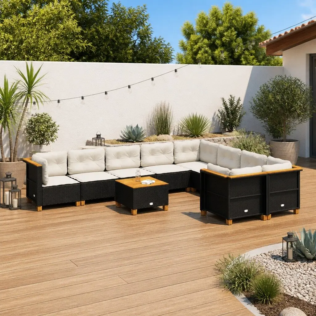 10 Piece Outdoor Garden Sofa Set for Backyard Patio Black Poly Rattan with Cushions