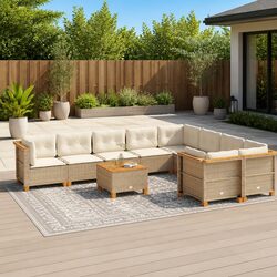 10 Piece Patio Sofa Set: Beige Poly Rattan and Acacia Wood