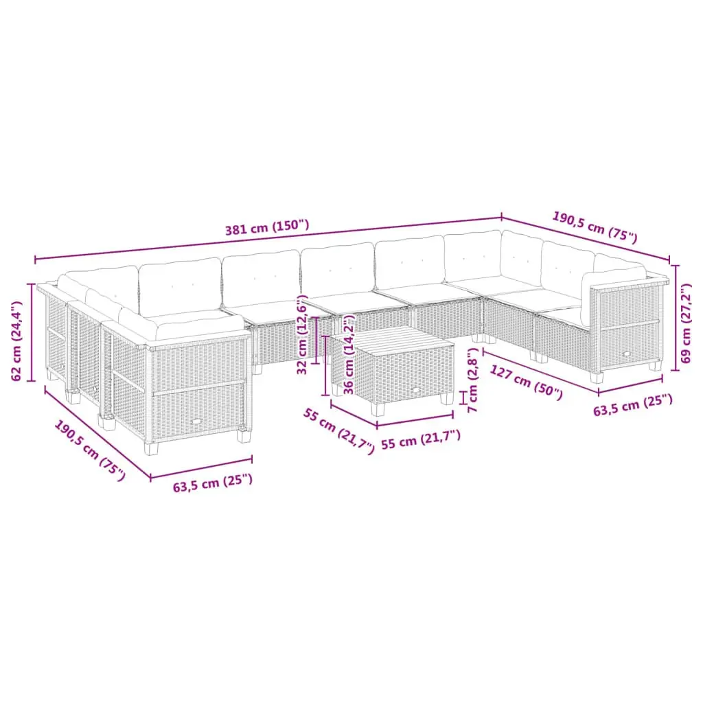 Garden Sofa Set 11 Piece Outdoor Patio Furniture with Cushions Grey Rattan