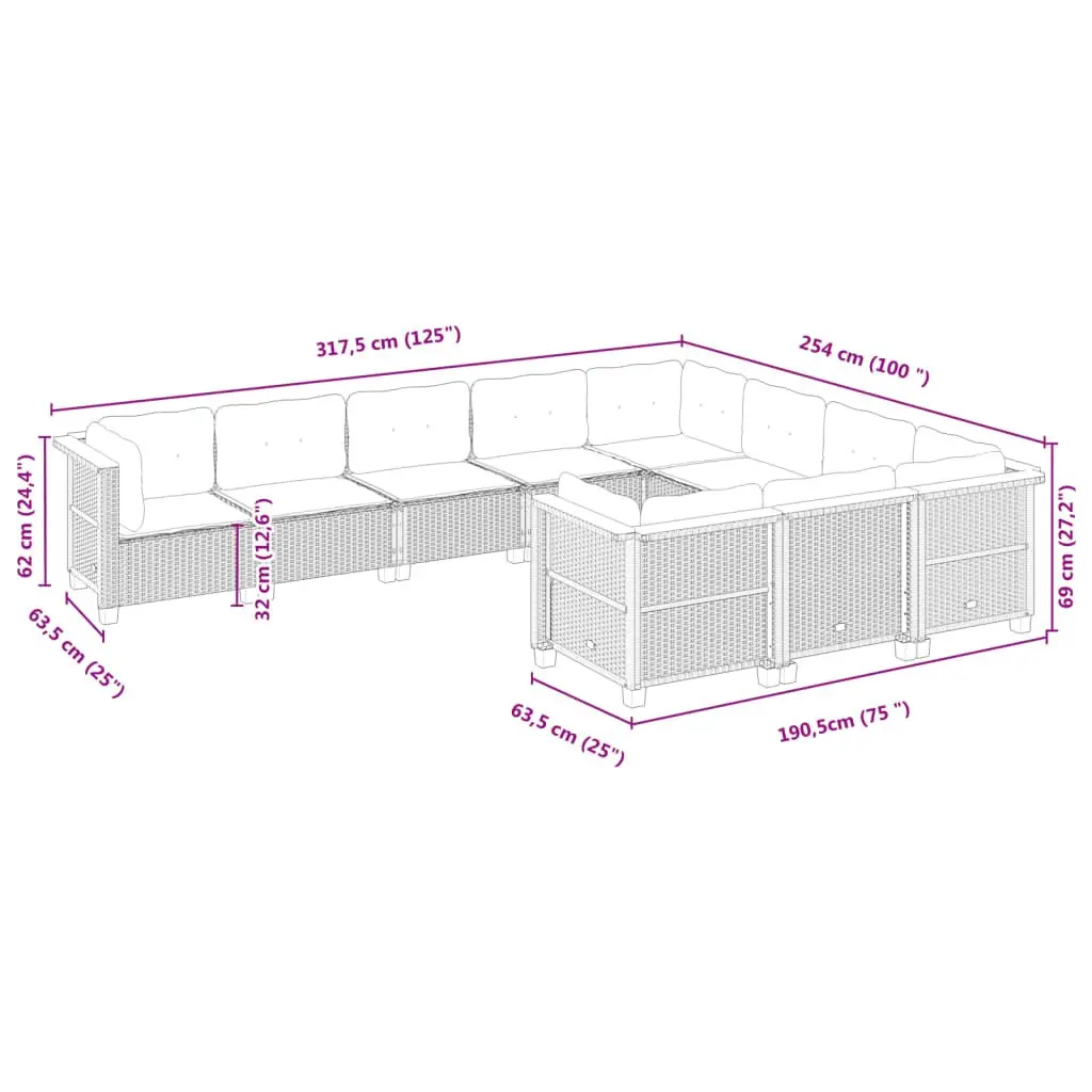 10 Piece Grey Modular Garden Sofa Set