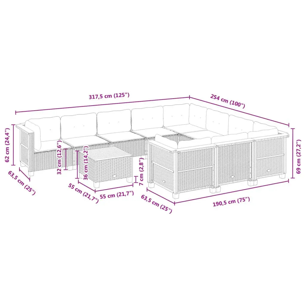 Garden Sofa Set Outdoor Furniture 11 Piece Patio Grey Poly Rattan with Cushions
