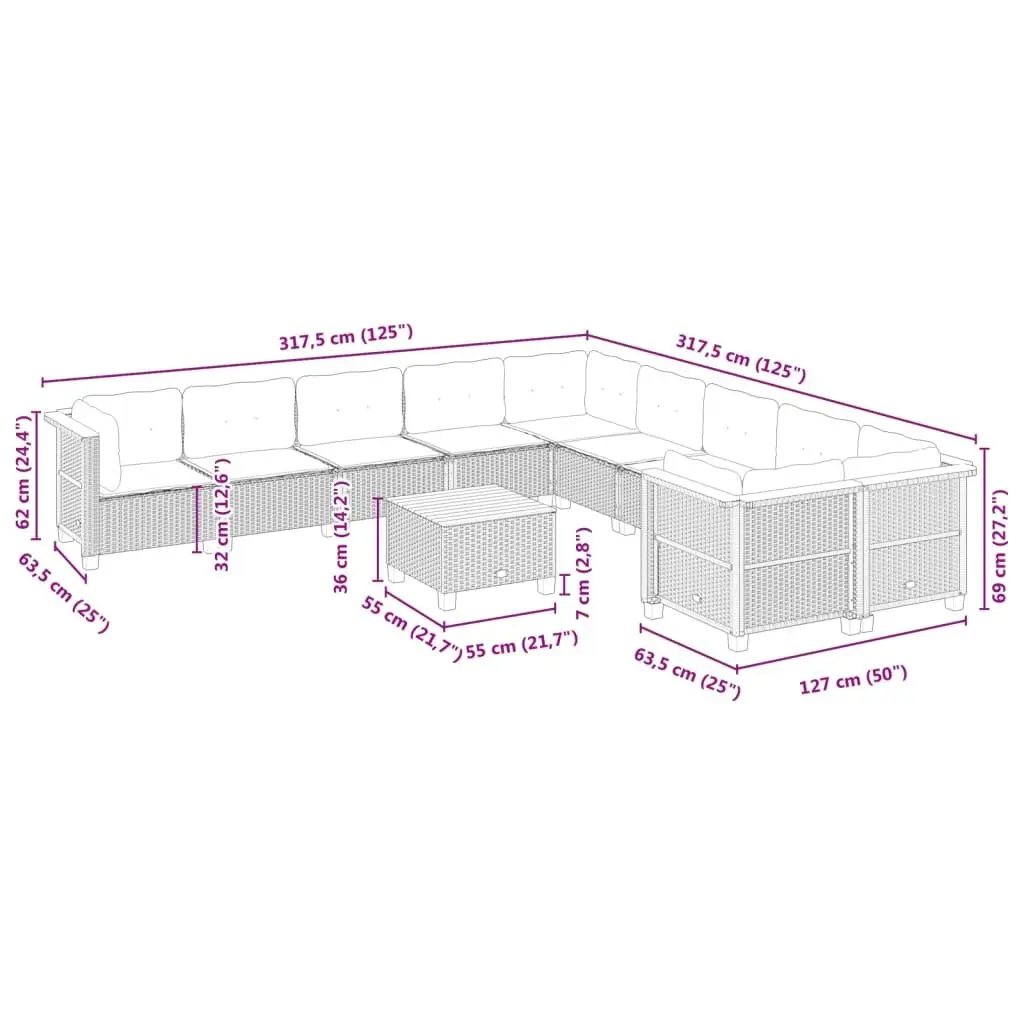 Garden Sofa Set Outdoor Furniture 11 Piece Cushioned Seating Black