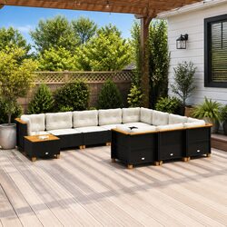 Garden Sofa Set 11 Piece Outdoor Furniture Patio Black Poly Rattan with Cushions