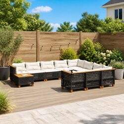 Garden Sofa Set 11 Piece Outdoor Furniture Black Poly Rattan with Cushions Patio