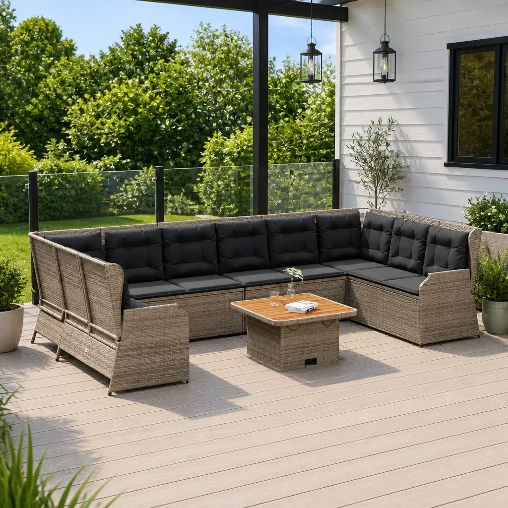 7 Piece Patio Furniture Set for Garden Use Grey Poly Rattan Sofa with Cushions and Acacia Wood Table