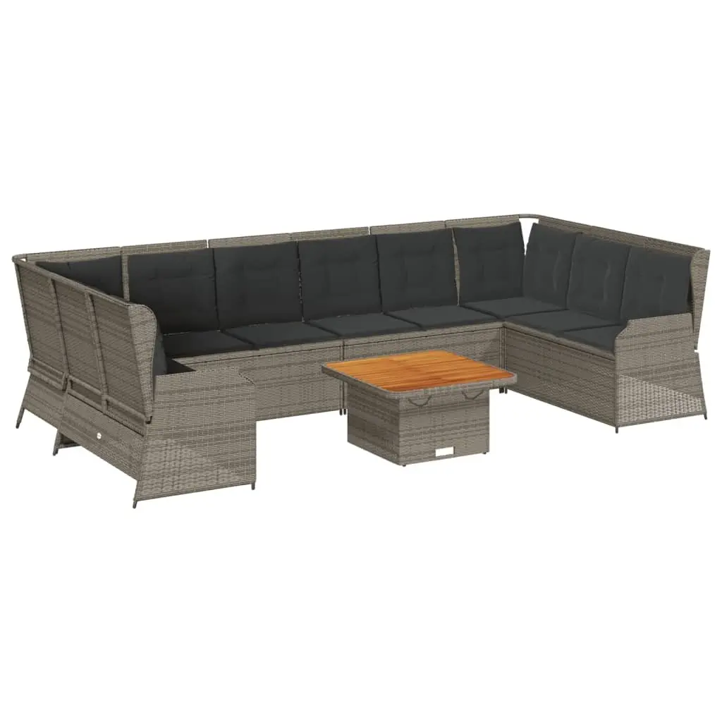 7 Piece Patio Furniture Set for Garden Use Grey Poly Rattan Sofa with Cushions and Acacia Wood Table