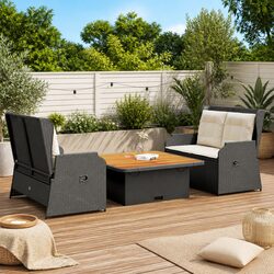 3 Piece Garden Lounge Set Black Outdoor Furniture with Cushions Patio Seating
