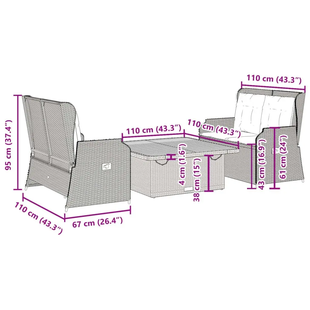 3 Piece Garden Lounge Set for Outdoor Patio Grey