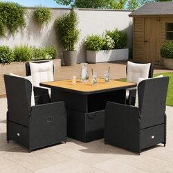 5 Piece Garden Dining Set Black Poly Rattan Outdoor Furniture with Cushions