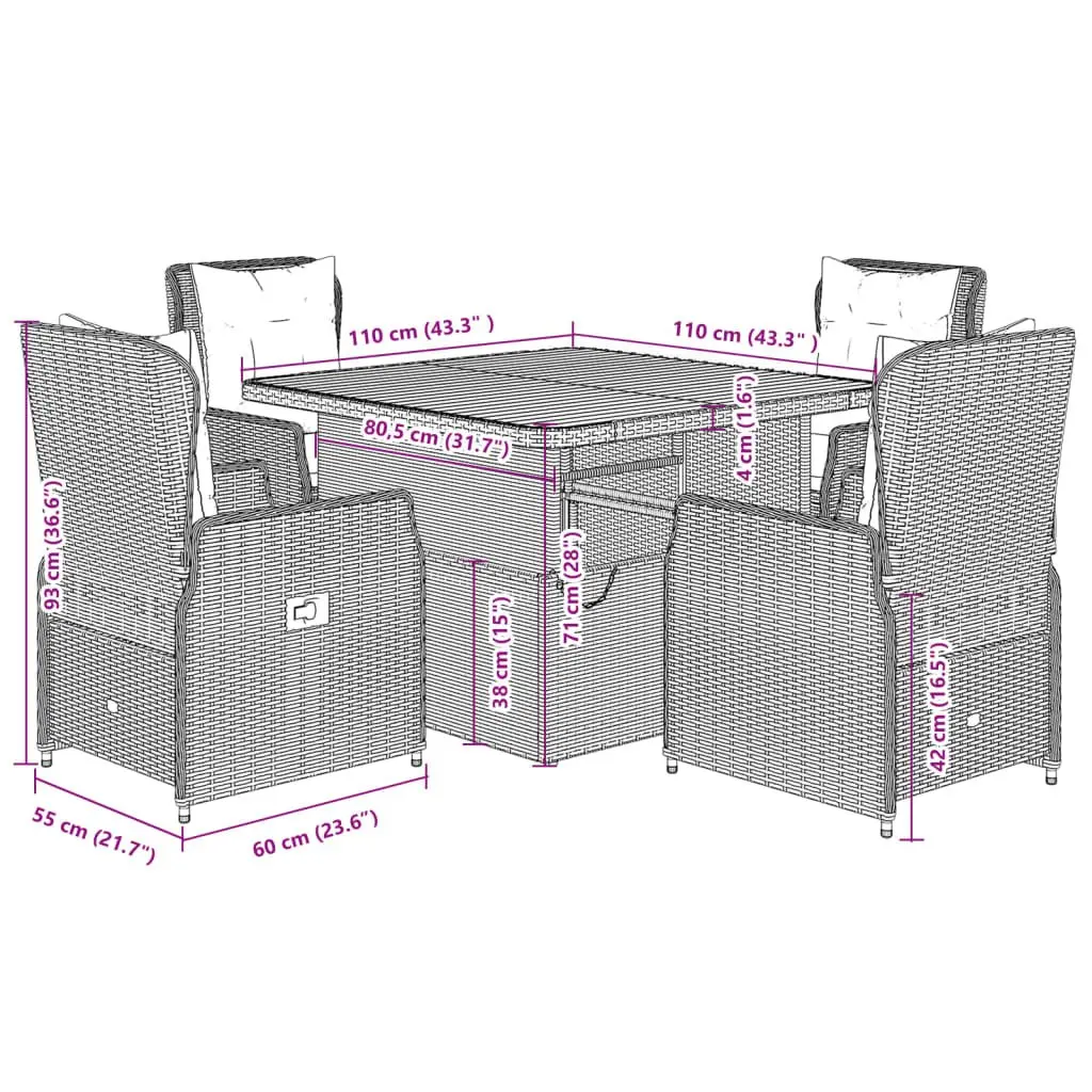 5 Piece Garden Dining Set Outdoor Furniture Black Poly Rattan Adjustable Height Table Cushions