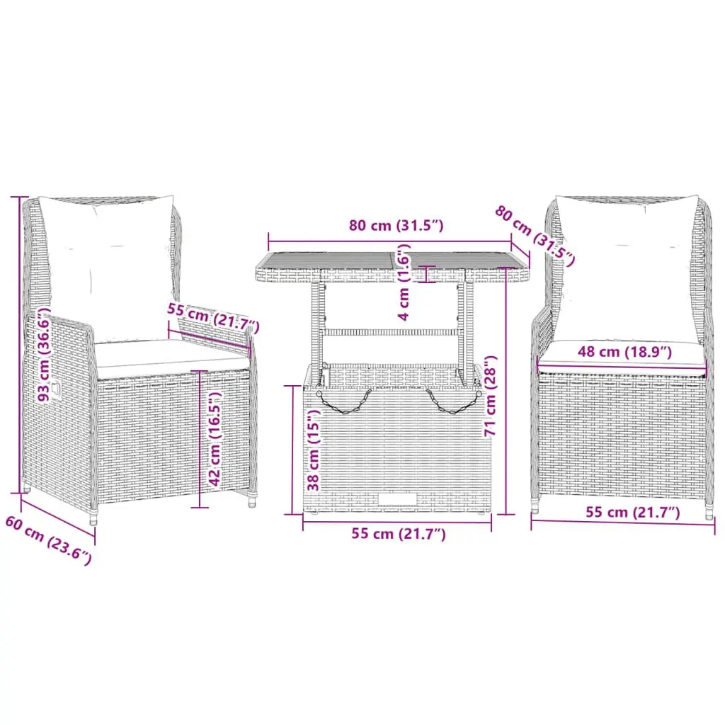 3 Piece Outdoor Bistro Set Grey Poly Rattan Garden Furniture Adjustable Backrest