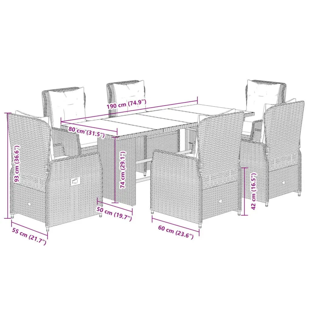 7 Piece Outdoor Dining Set for Garden Patio with Cushions and Tempered Glass Tabletop