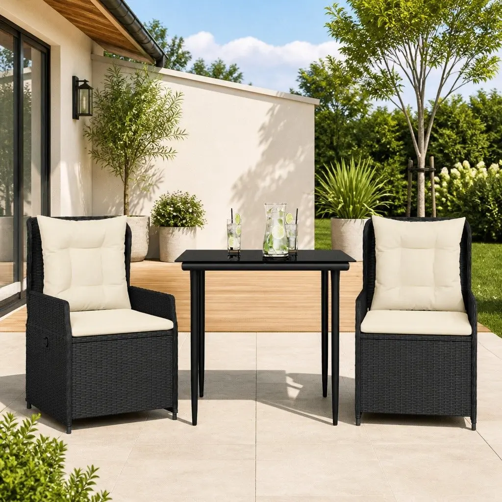 3 Piece Outdoor Garden Dining Set Black Poly Rattan with Cushions for Patio and Backyard