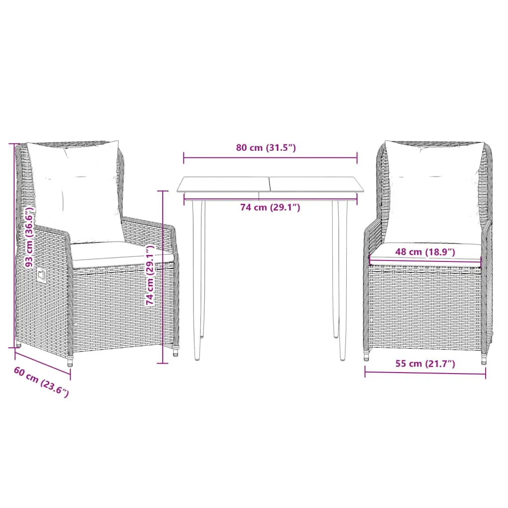 3 Piece Outdoor Garden Dining Set Black Poly Rattan with Cushions for Patio and Backyard