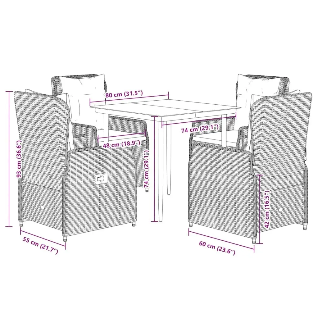 5 Piece Patio Dining Set Black Cushioned PE Rattan with Adjustable Backrests Tempered Glass Table