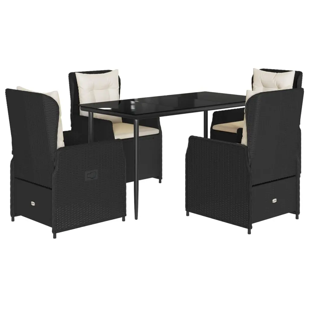 Outdoor Dining Set Black PE Rattan Adjustable Backrest Tempered Glass 5 Piece
