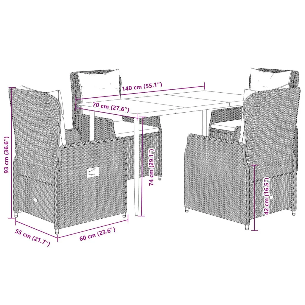 Outdoor Dining Set Black PE Rattan Adjustable Backrest Tempered Glass 5 Piece