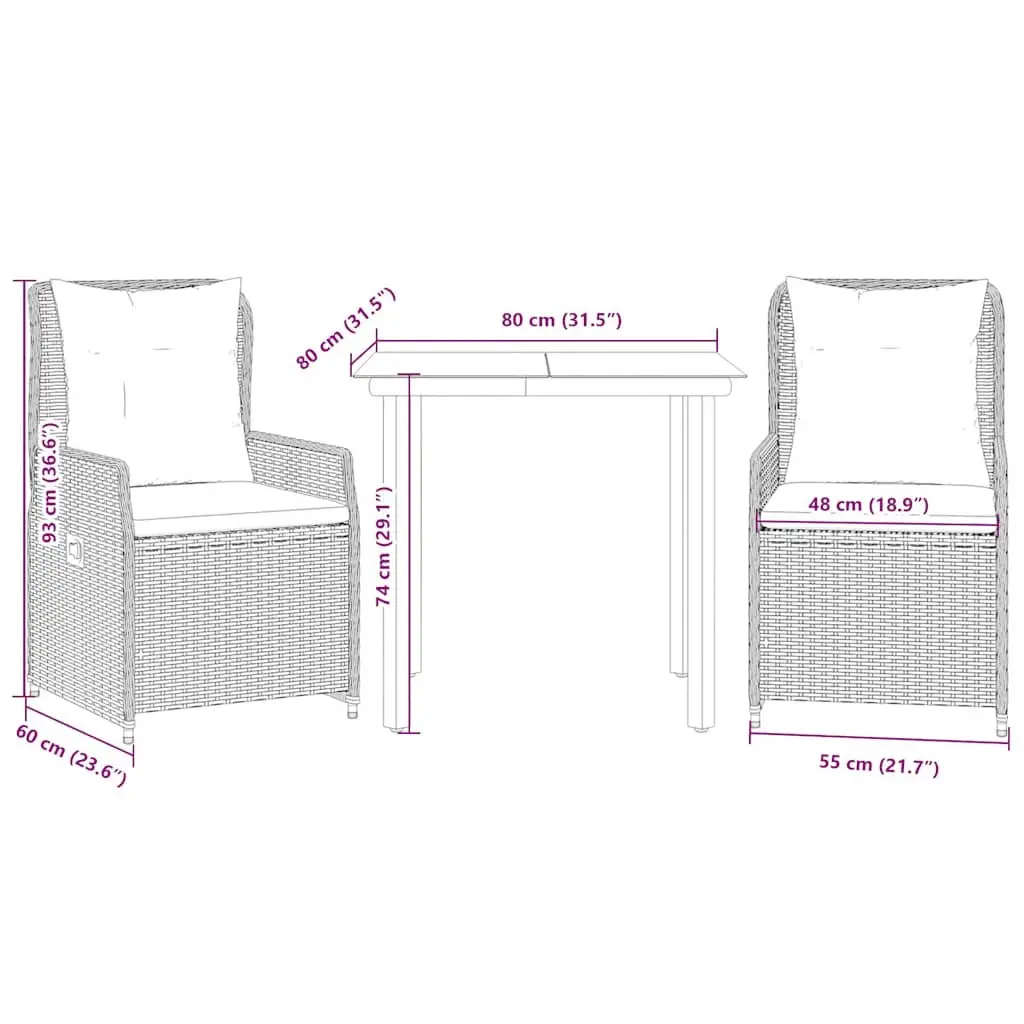Garden Dining Set Outdoor Furniture 3 Piece Black Poly Rattan