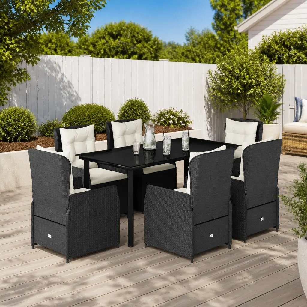 7 Piece Garden Dining Set Black Poly Rattan Outdoor Furniture with Cushions