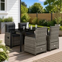 5 Piece Garden Dining Set: Grey Rattan, 4 Chairs, 1 Table