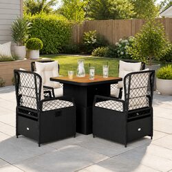 5-Piece Garden Dining Set - Black Poly Rattan, Acacia Wood
