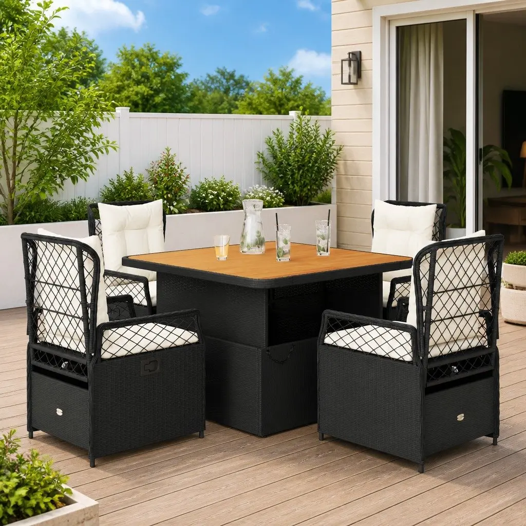 5 Piece Outdoor Dining Set Adjustable Table with Black PE Rattan Chairs for Garden and Patio Furniture