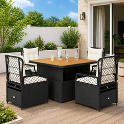 5 Piece Black Outdoor Dining Set - Rattan & Acacia