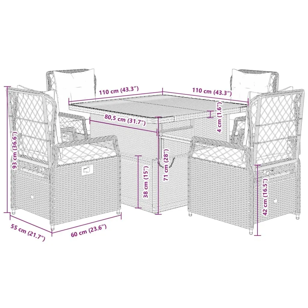 5 Piece Outdoor Dining Set Adjustable Table with Black PE Rattan Chairs for Garden and Patio Furniture