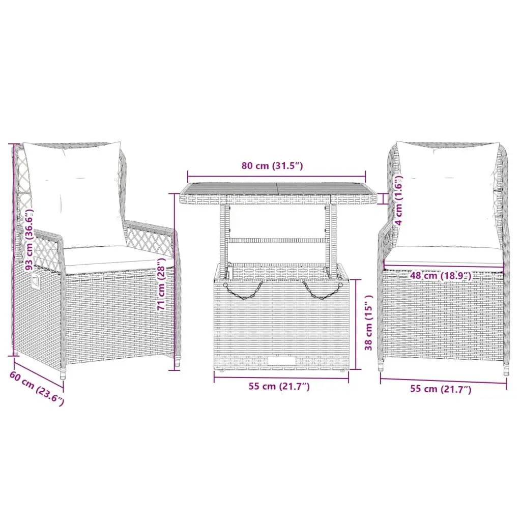 3 Piece Adjustable Grey Garden Dining Set