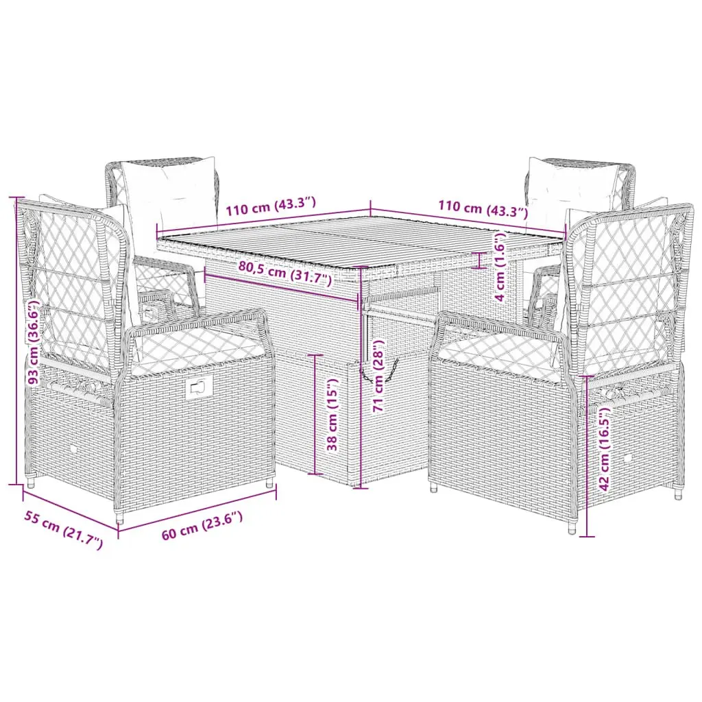 5-Piece Garden Dining Set with Cushions Grey PE Rattan Outdoor Furniture Patio