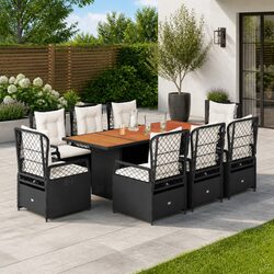 Outdoor Garden Dining Set 9 Piece Black Poly Rattan Furniture Patio Table Chairs