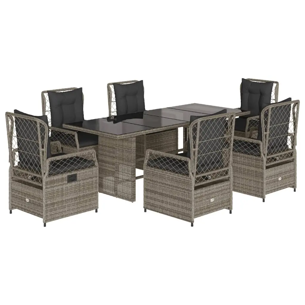 7 Piece Outdoor Dining Set Grey Cushioned Rattan Chairs and Table for Garden and Patio