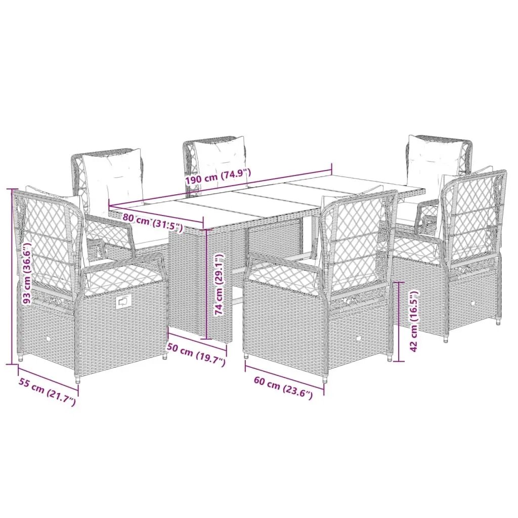 7 Piece Outdoor Dining Set Grey Cushioned Rattan Chairs and Table for Garden and Patio
