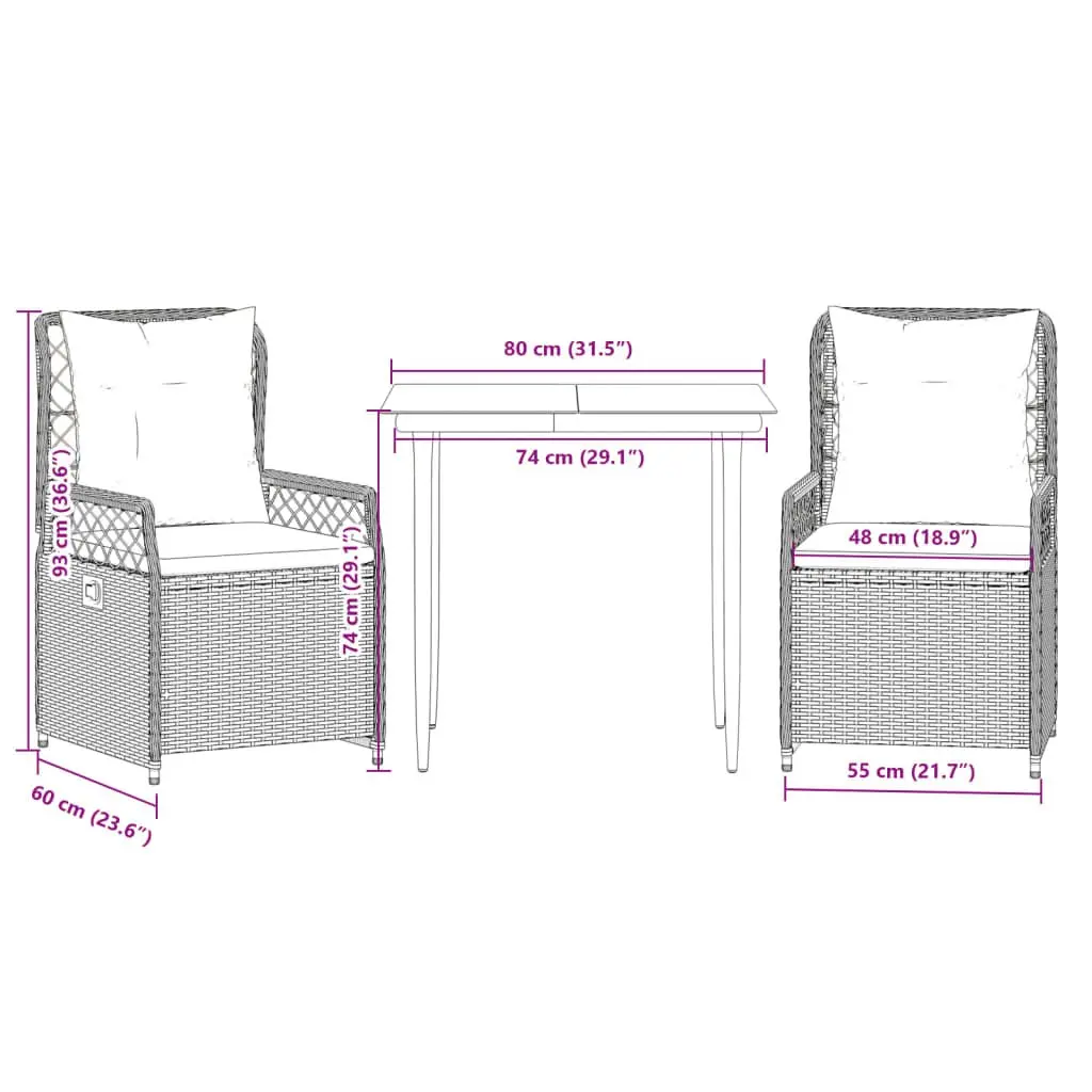 Garden Dining Set Outdoor Furniture 3 Piece Black Poly Rattan