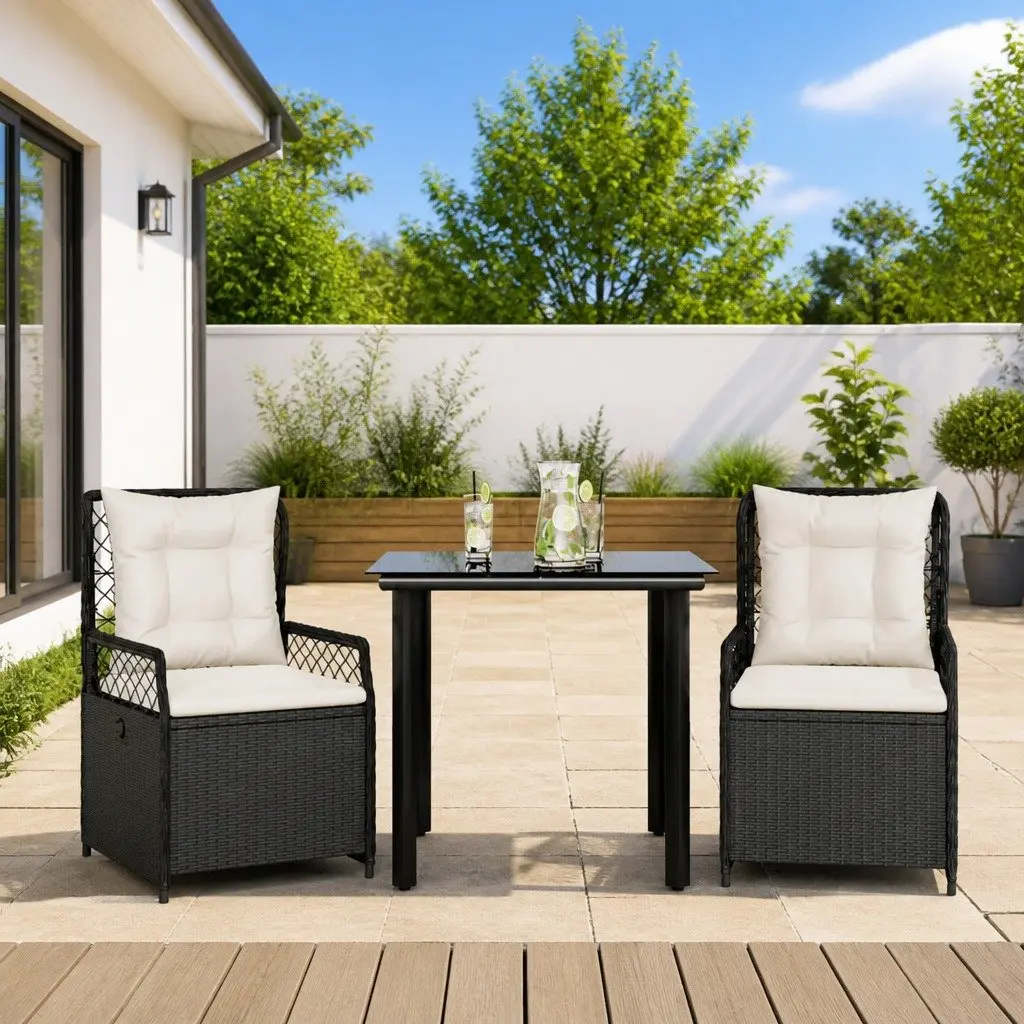 Garden Dining Set Outdoor Use 3 Piece Black PE Rattan Table Chairs
