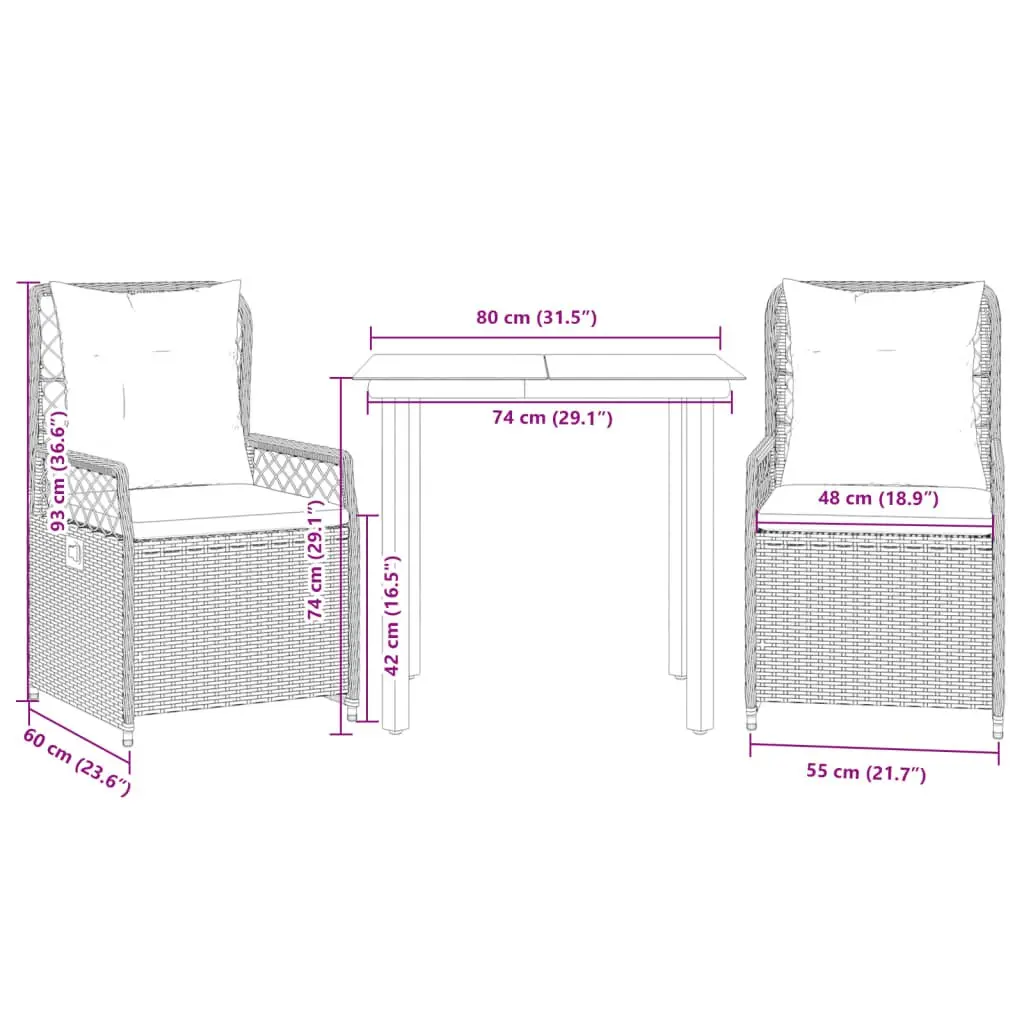 Garden Dining Set Outdoor Use 3 Piece Black PE Rattan Table Chairs
