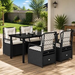 5-Piece Garden Dining Set: Black Poly Rattan Specifications