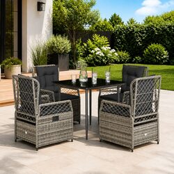5 Piece Patio Dining Set Specifications: Grey Rattan and Glass