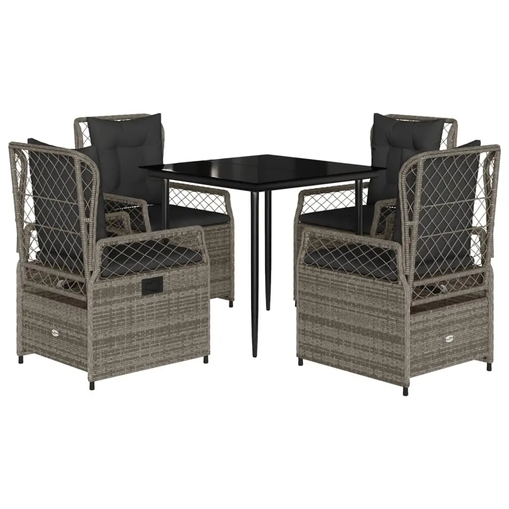 5 Piece Outdoor Dining Set for Garden Patio Grey Poly Rattan Cushions Glass Top