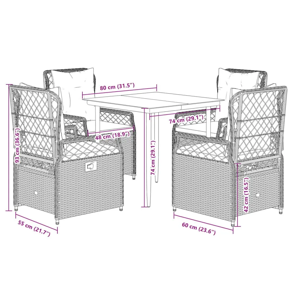 5 Piece Outdoor Dining Set for Garden Patio Grey Poly Rattan Cushions Glass Top