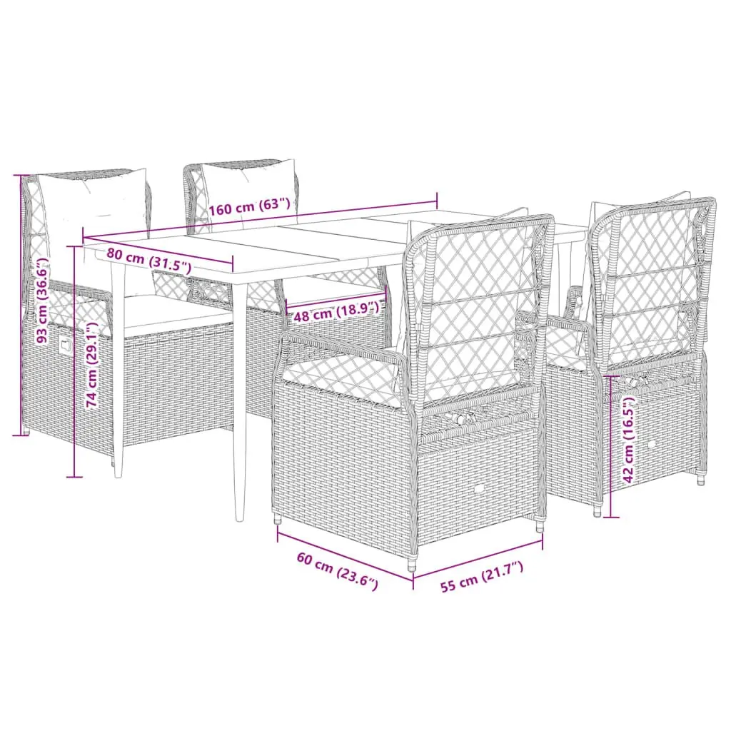 Garden Dining Set 5 Piece Outdoor Furniture Grey Poly Rattan Adjustable Backrest